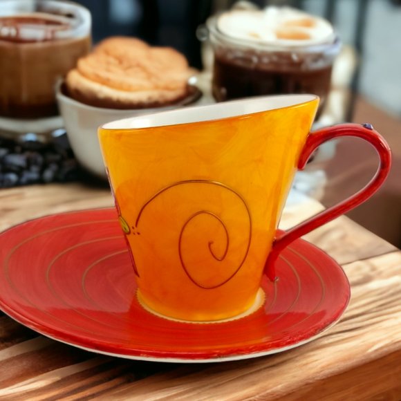 Artistic Porcelain Coffee Mug & Saucer Set, Whimsical Orange-Red Mug-Rhinestones - Picture 4 of 14